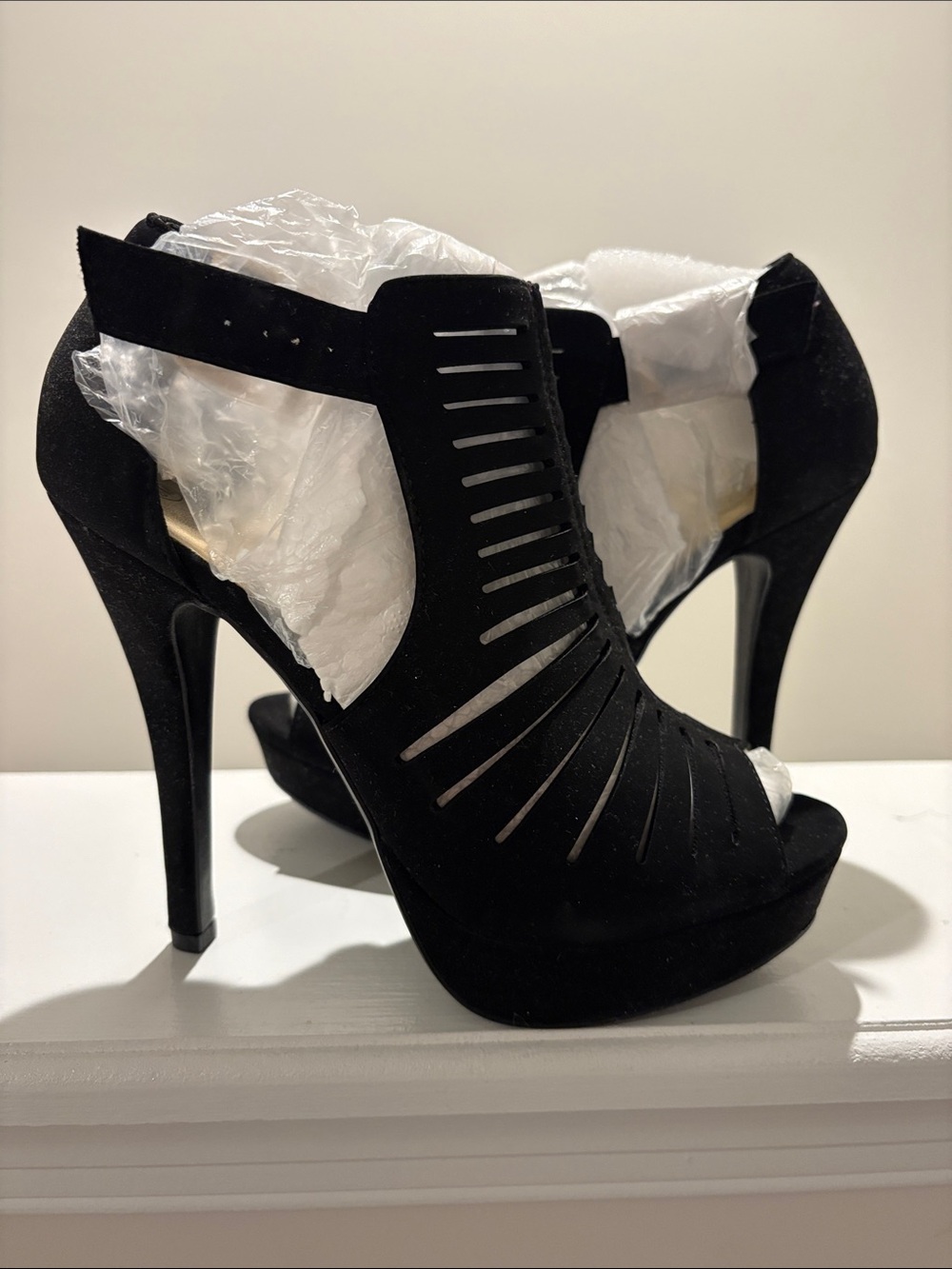 Black Suede Laser-Cut Platform High Heel Sandals for Women